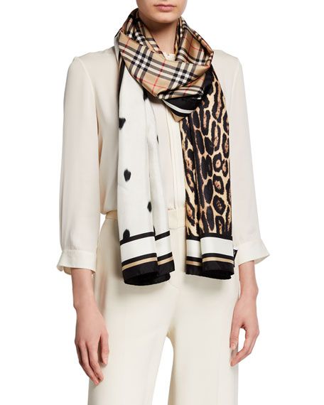 Burberry Vintage Check Animal-Print Silk Scarf | Neiman Marcus