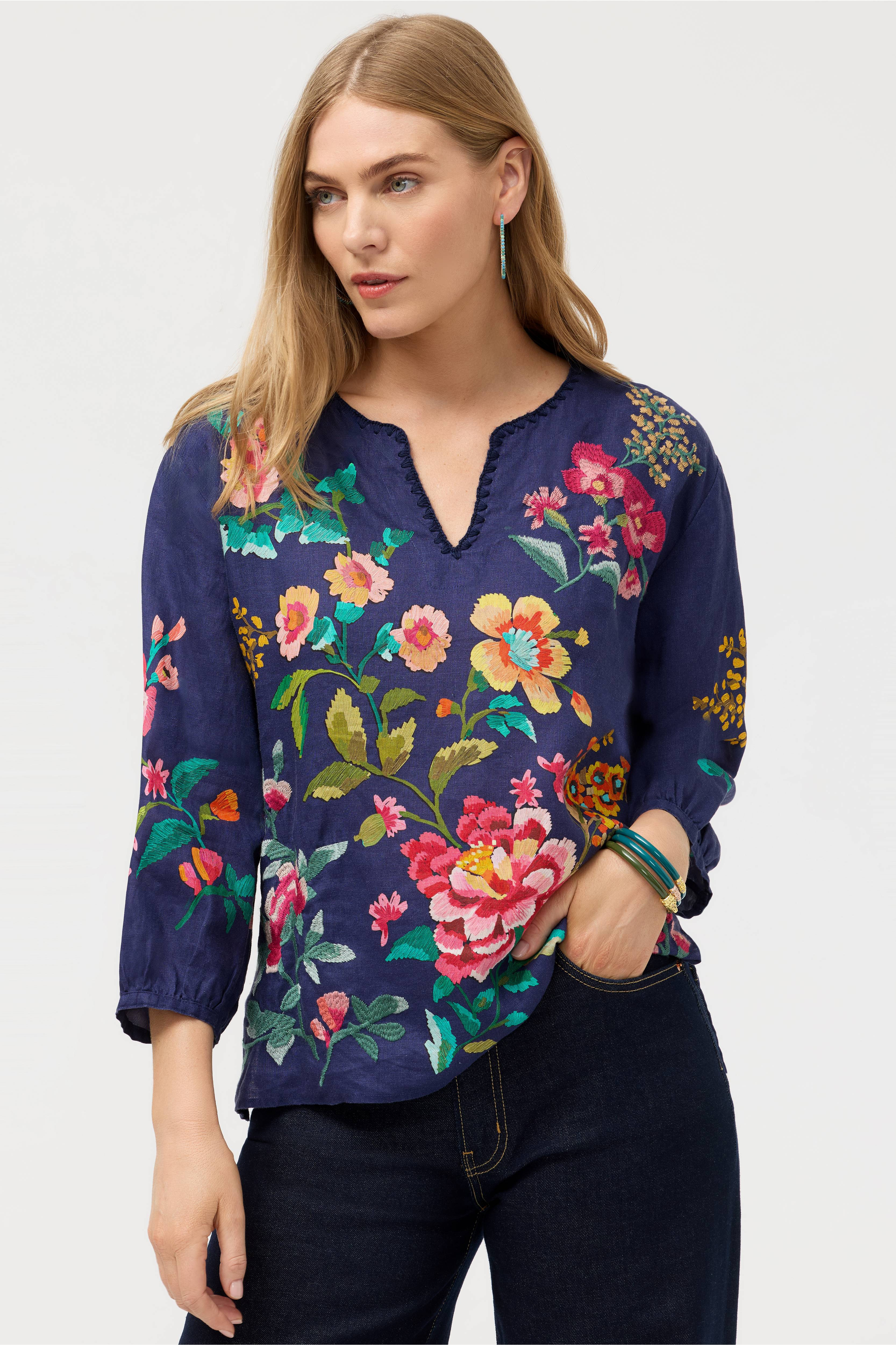 SPLIT NECK LINEN BLOUSE
                                
                                    
   ... | Johnny Was