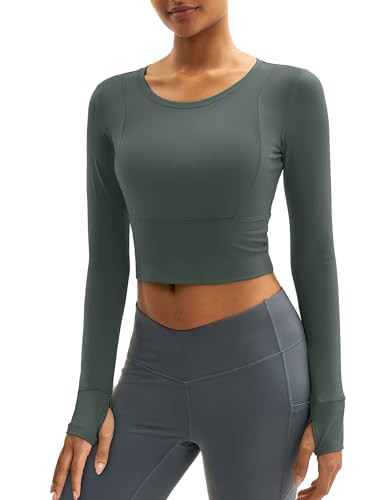 MAGCOMSEN Long Sleeve Workout Tops for Women Crpped Slim Fit Thumbholes Sport Yoga Shirts Athletic Tees Gray Green XS | Amazon (US)