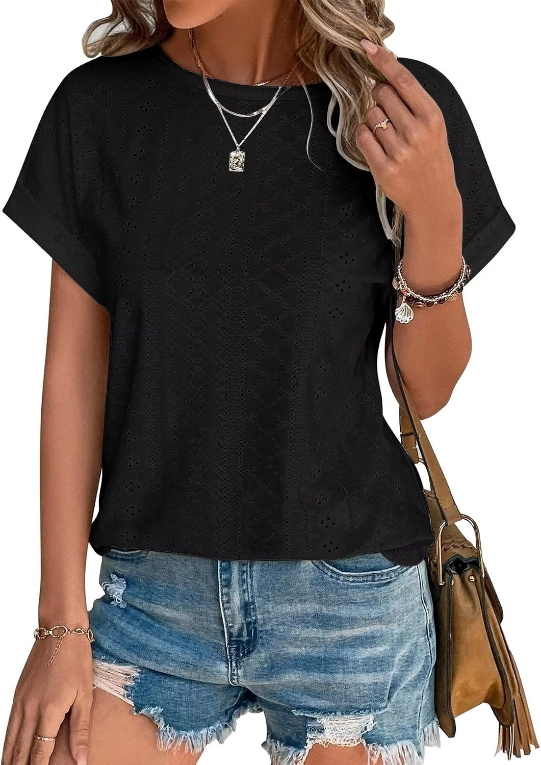 Bliwov Womens Tops Eyelet Embroidery Summer Short Sleeve T Shirts Blouses | Amazon (US)
