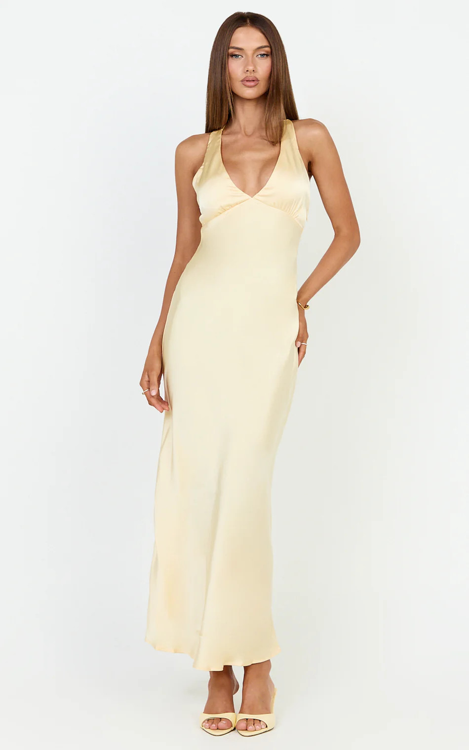 Deep V Neck Satin Slip Dress in Butter Yellow | Showpo (US, UK & Europe)