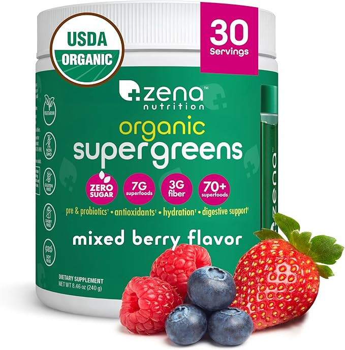 Zena Nutrition Organic Super Greens Powder, 70+ Superfoods, 0 Sugar, 3G Fiber, Spirulina, Chlorel... | Amazon (US)