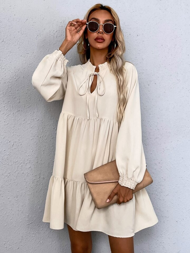SHEIN LUNE Tie Neck Lantern Sleeve Smock Dress | SHEIN