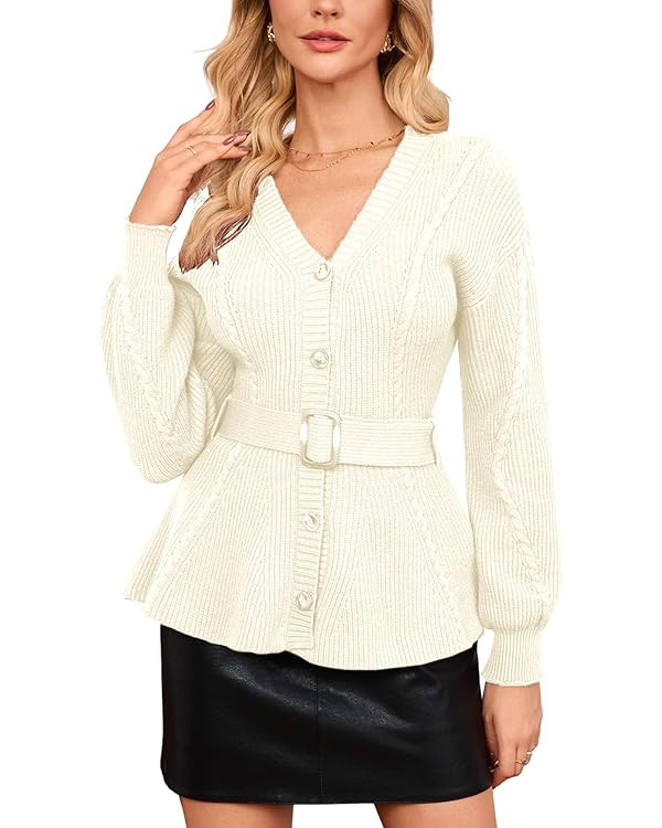 Women's Belted Cable Knit Cardigan Long Sleeve V-Neck Button Down Peplum Sweater | Amazon (US)