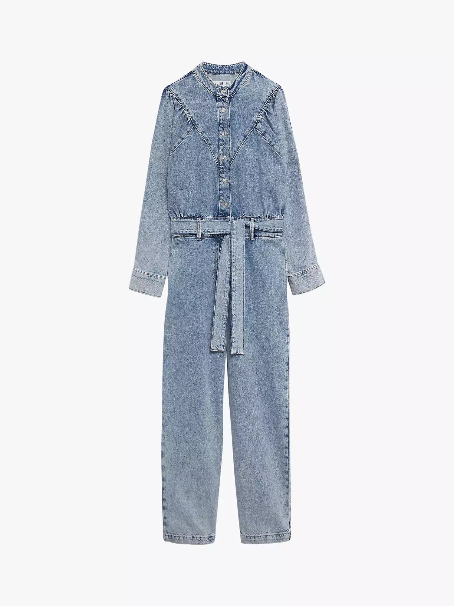 Mango Lola Denim Puff Sleeve Jumpsuit, Open Blue | John Lewis (UK)