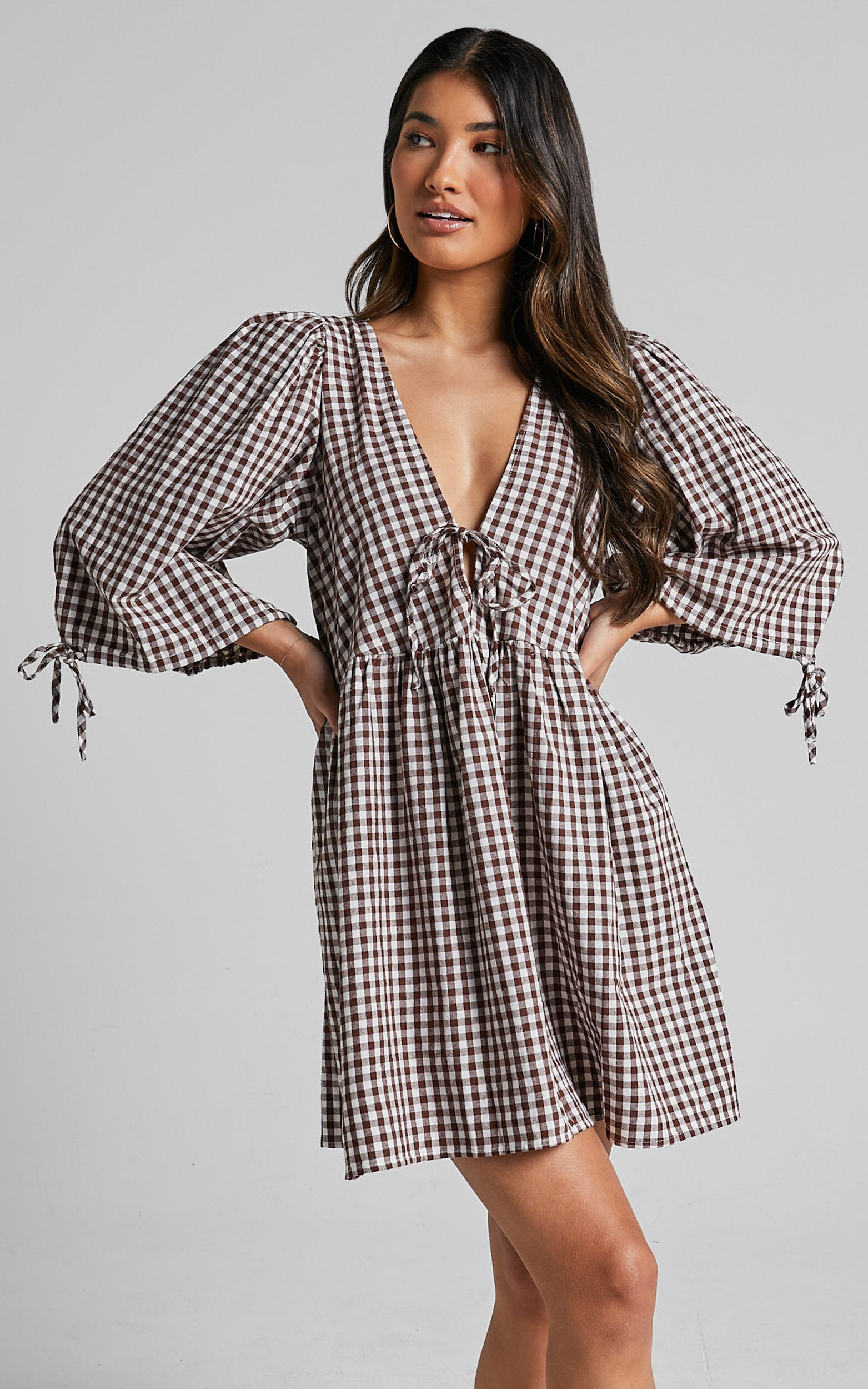 Rosita Mini Dress - Tie Front Puff Sleeve Dress in Brown and White Check | Showpo (US, UK & Europe)