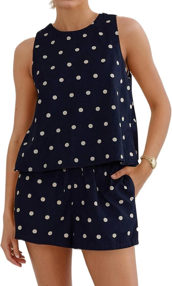 Ythomm Womens Polka Dot Two Piece Lounge Sets Summer Sleeveless Tops Drawstring Linen Shorts Matc... | Amazon (US)
