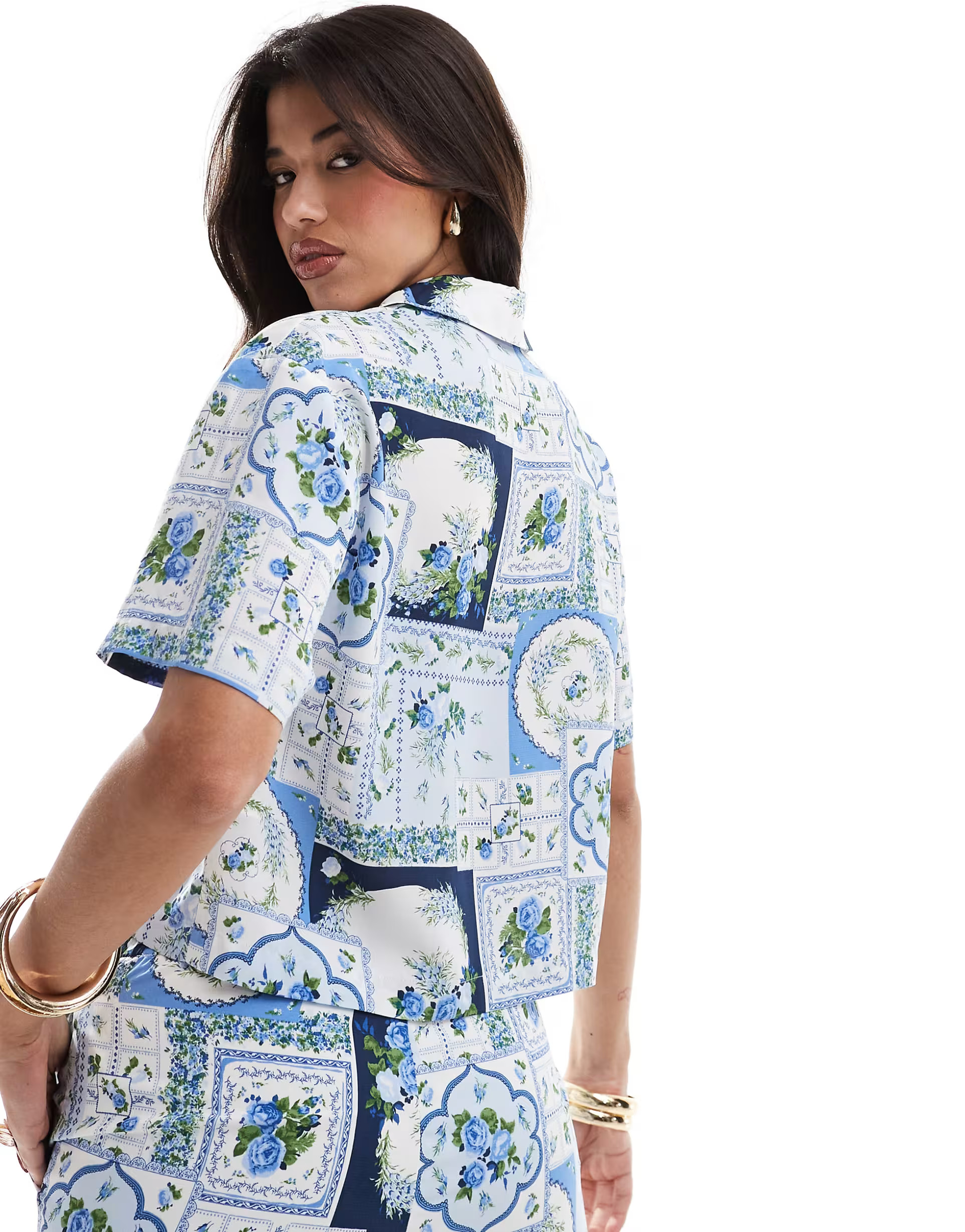 Abercrombie & Fitch co-ord short sleeve satin shirt in blue tile print | ASOS (Global)