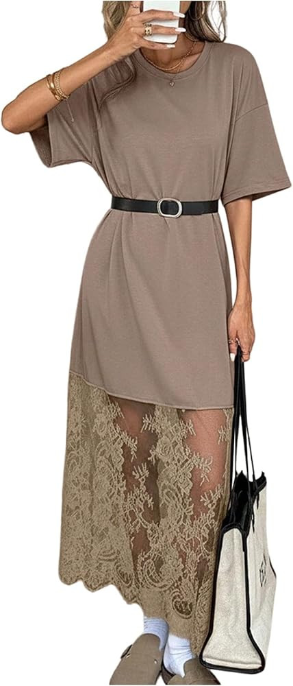 GORGLITTER Women's Lace Maxi Dress Boho Short Sleeve Crew Neck Festival Concert Birthday Party Ev... | Amazon (US)