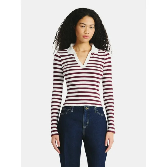 No Boundaries Johnny Collar Tee with Long Sleeves, Women's | Walmart (US)