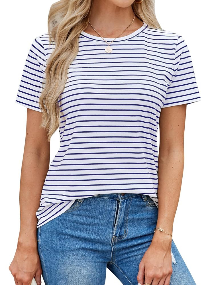 LilyCoco Women's Short Sleeve Striped Shirt Summer Crewneck T Shirt Basic Tops | Amazon (US)
