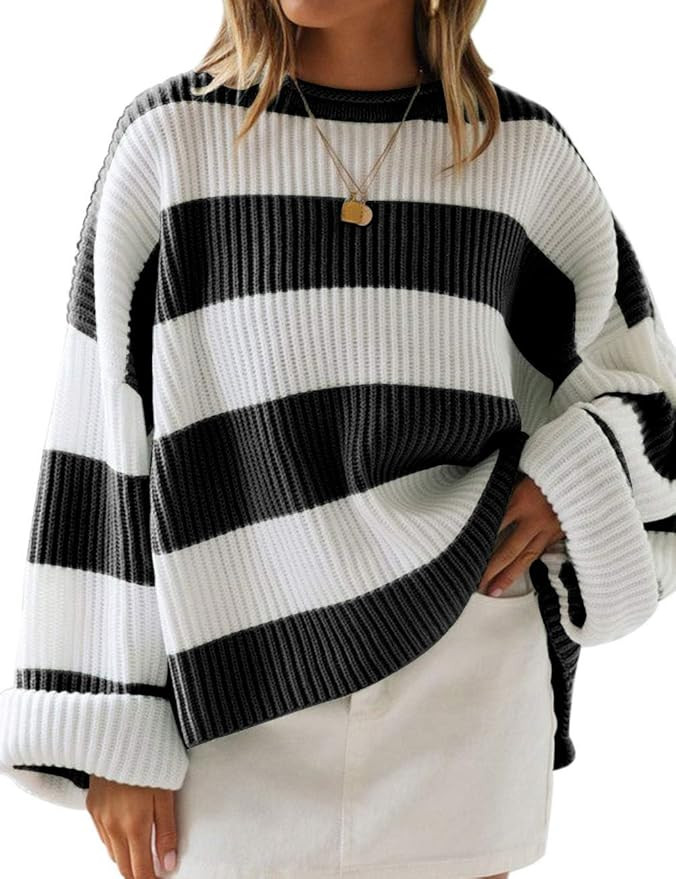 ZESICA Women's 2025 Fall Long Sleeve Oversized Striped Color Block Comfy Loose Crew Neck Knitted ... | Amazon (US)