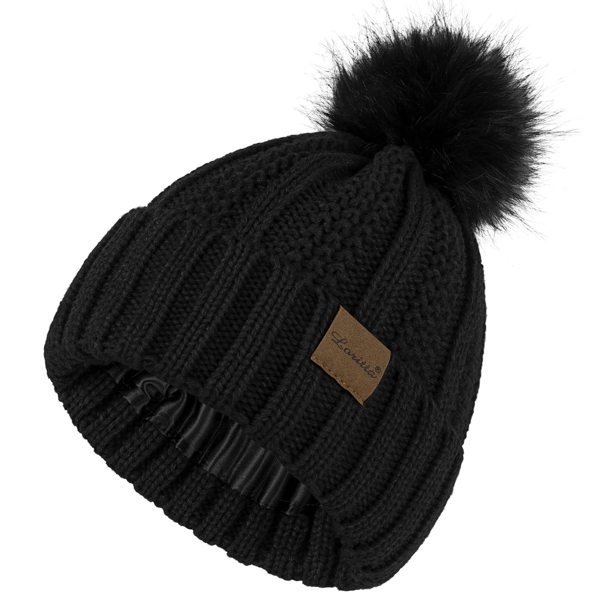 Loritta Womens Satin Silk Lined Beanie Hats Knit Cuffed Beanie Hat with Pom Black | Walmart (US)