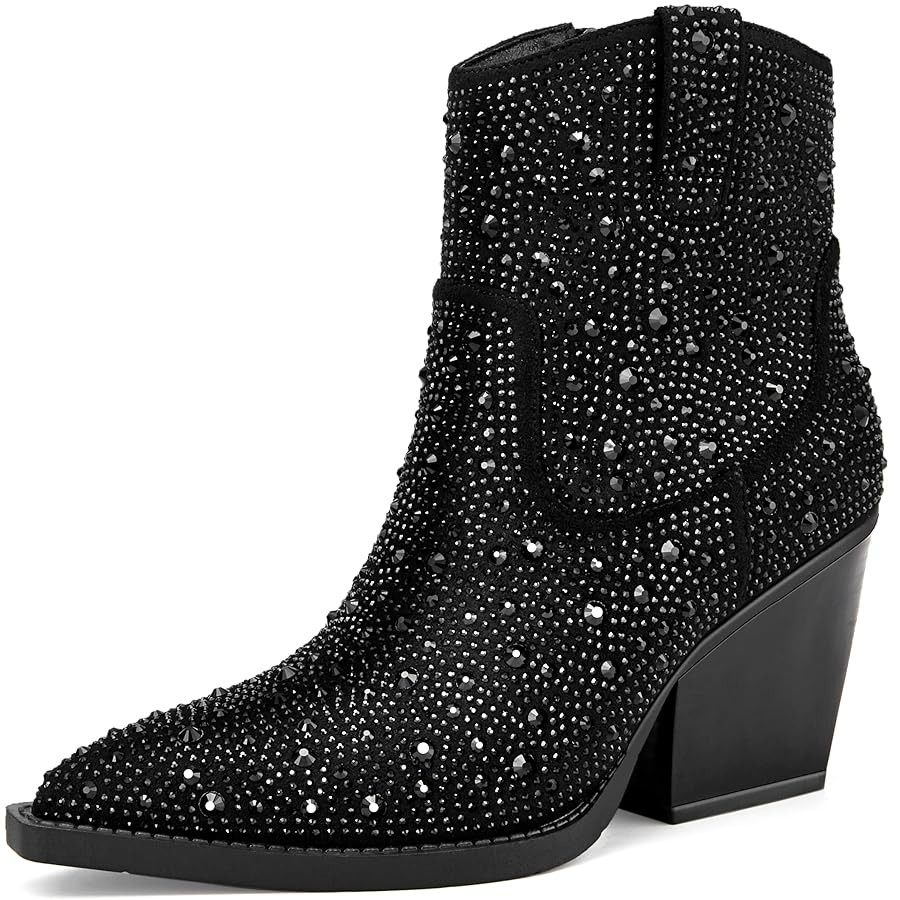 OOHRHN Women's Color Rhinestone Boots Glitter Sparkly Cowboy Booties Chunky Block Heel Pearl Deta... | Amazon (US)