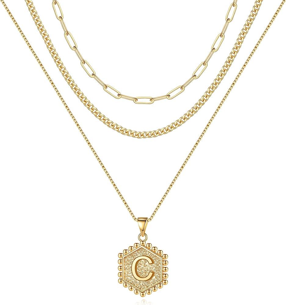 M MOOHAM Layered Initial Necklaces for Women, 14K Real Gold Plated Layered Necklaces for Women Initi | Amazon (US)