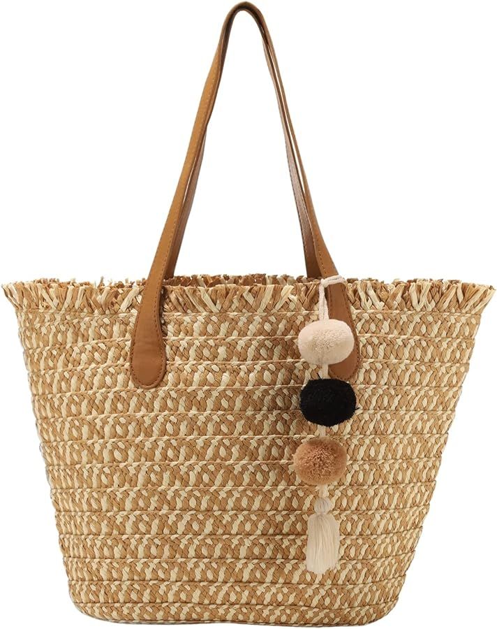Beach Straw Bag Large Tote Bags for Women, Handmade Summer Purse Handbag L Beach Bags with Pom Ba... | Amazon (US)