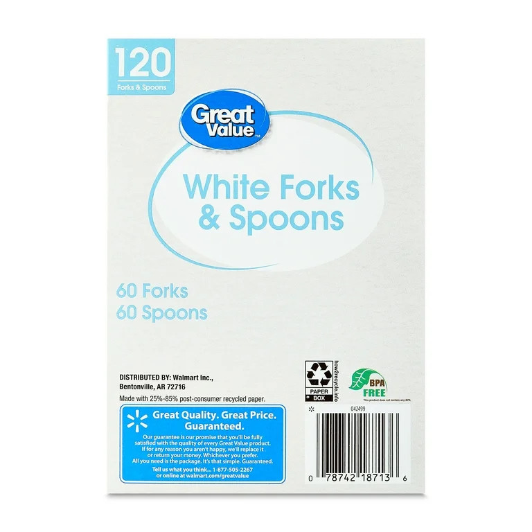 Great Value Disposable Plastic White Forks and Spoons, 120 Count includes 60F/60S | Walmart (US)