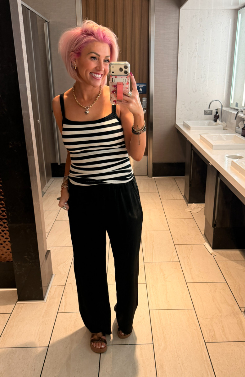 Obligatory airport bathroom selfie!! These pieces made for a very comfy travel outfit! Pants: Medium // Top: Small // Sandals: TTS 

 #LTKootd #LTKSaleAlert #LTKTravel