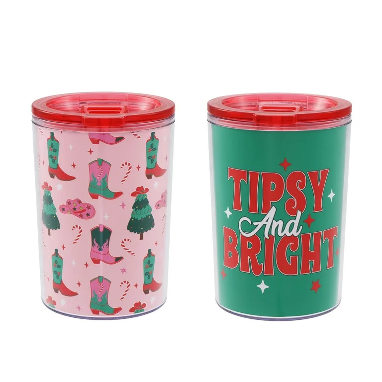Plastic Double-Walled Christmas Tumblers with Lids, Green/Red/Pink, 14 fl oz, 2 Count, by Holiday... | Walmart (US)