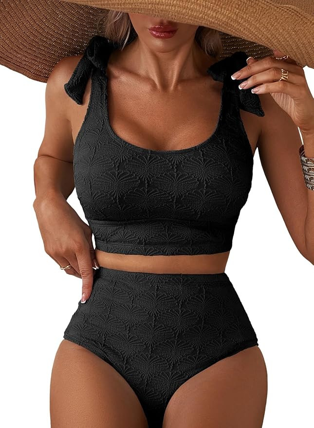 Herseas Women 2 Piece High Waisted Bikini Sets Seashell Textured Tie Strap Swimsuits Bathing Suit... | Amazon (US)