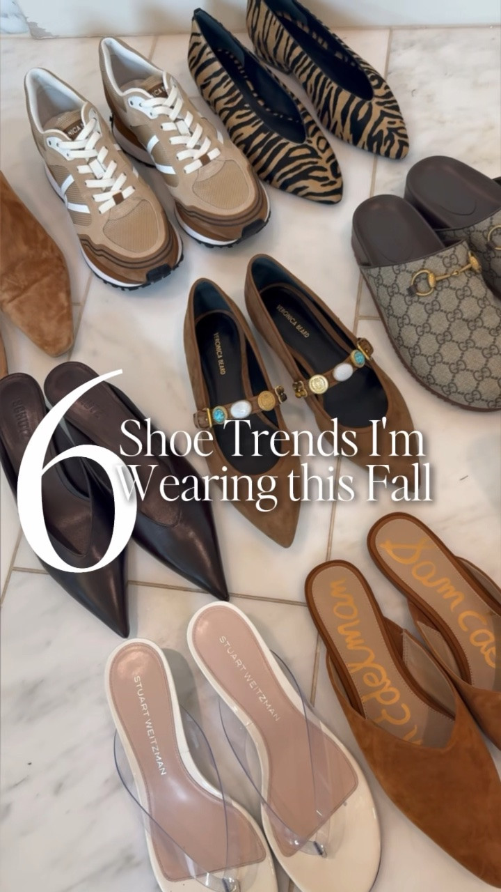 The 6 Shoe Trends I’m Wearing This Fall

* New-color slip-on sneaker
* Pointed-toe flat / animal-print flat
* Kitten-heel bootie
* Gucci mule
Slip on mules 
* Sleek loafer

#LTKSeasonal