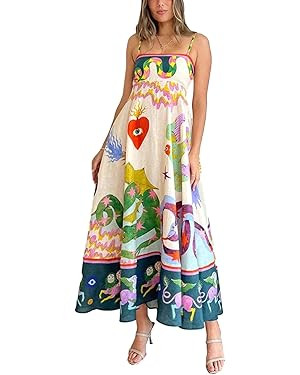 Women Cute Print Maxi Cami Dress Loose Sleeveless Spaghetti Strap Boho Dress Flowy Graffiti Long ... | Amazon (US)
