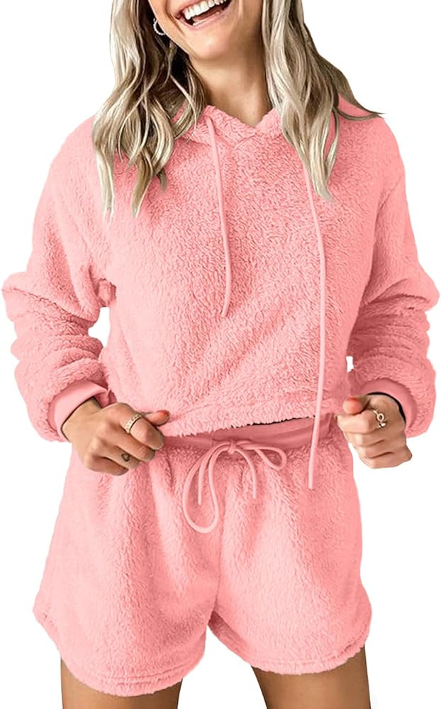 Fazortev Women Fuzzy Pajama Sets Fluffy 2 Piece Outfits Cropped Hoodie High Waist Drawstring Shor... | Amazon (US)