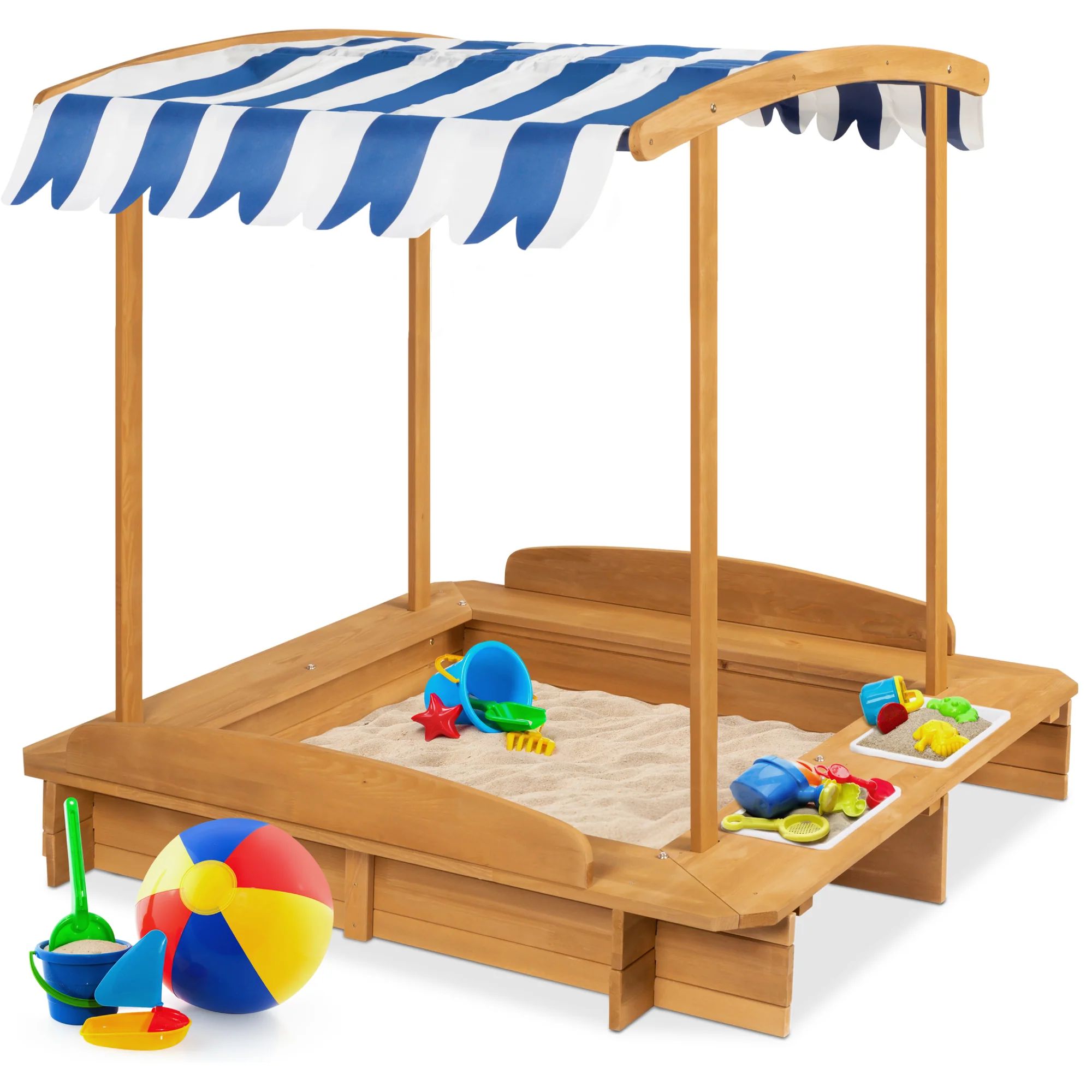 Kids Wooden Cabana Sandbox w/ Benches, Canopy Shade, Sand Cover, 2 Buc | Best Choice Products 