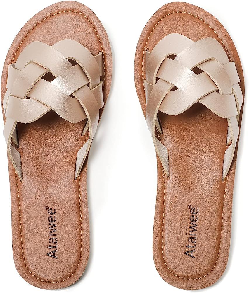 Ataiwee Women's Slide Sandals,Slip On Casual Vegan Thong Strappy Summer Shoes. | Amazon (US)