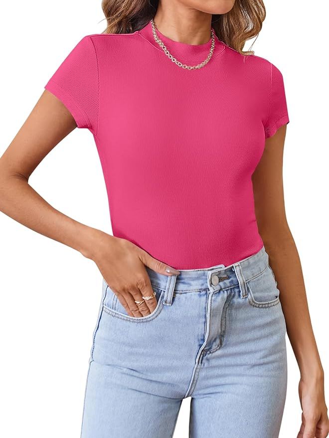 MEROKEETY Women's Short Sleeve Crewneck Ribbed Knit Tops Summer Casual Slim Fit Basic Tee Shirts | Amazon (US)