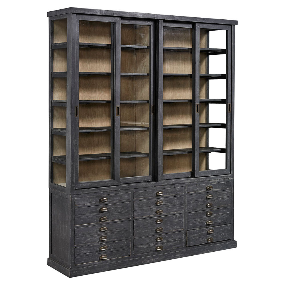 Malen Rustic Lodge Black Wood Glass Doors China Cabinet | Kathy Kuo Home