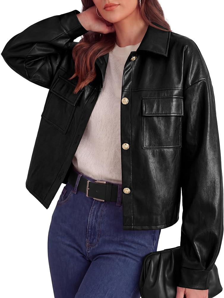 PRETTYGADEN Women's Button Down Faux Leather Jacket | Amazon (US)