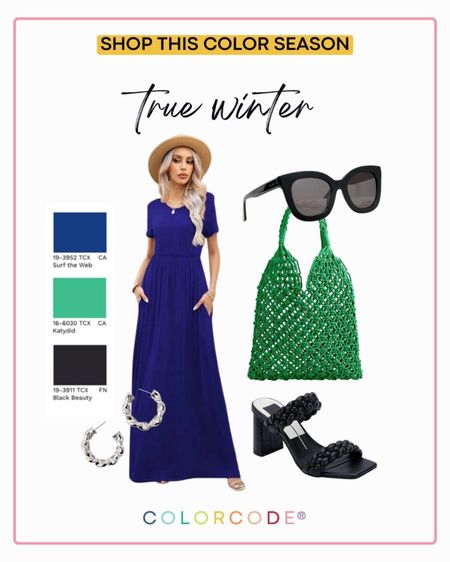The perfect short sleeve maxi dress for vacation or to wear to a wedding. 💙With cool and bright tones, True Winters have the rare beauty of an icy hue with vibrant pops of color that make them look stunning.

That’s the case here in this katydid green and surf the web blue. 

Paired with a black beauty neutral. 

To uncover more colors in your color season go to unlockmycolors.com to take the free color test quiz!

#LTKunder50 #LTKwedding #LTKtravel