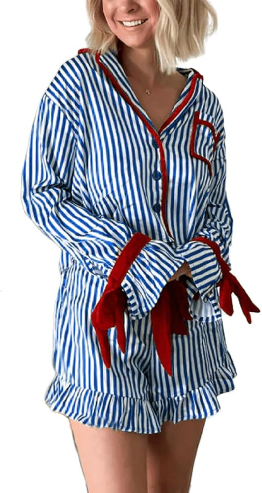 Women Christmas 2 Piece Pajamas Set Y2k Bow Tie Long Sleeve Shirt Wide Leg Pants Cute Print Match... | Amazon (US)