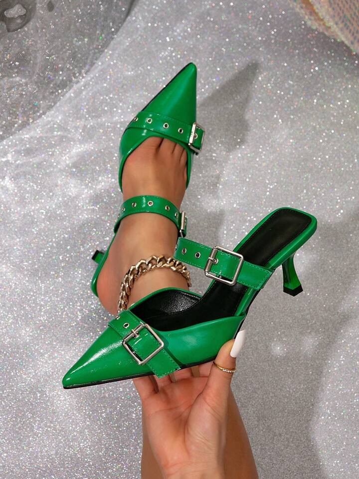 European And American Style Pointed High Heels Shoes For Women, Double-Buckle Leather Straps With... | SHEIN