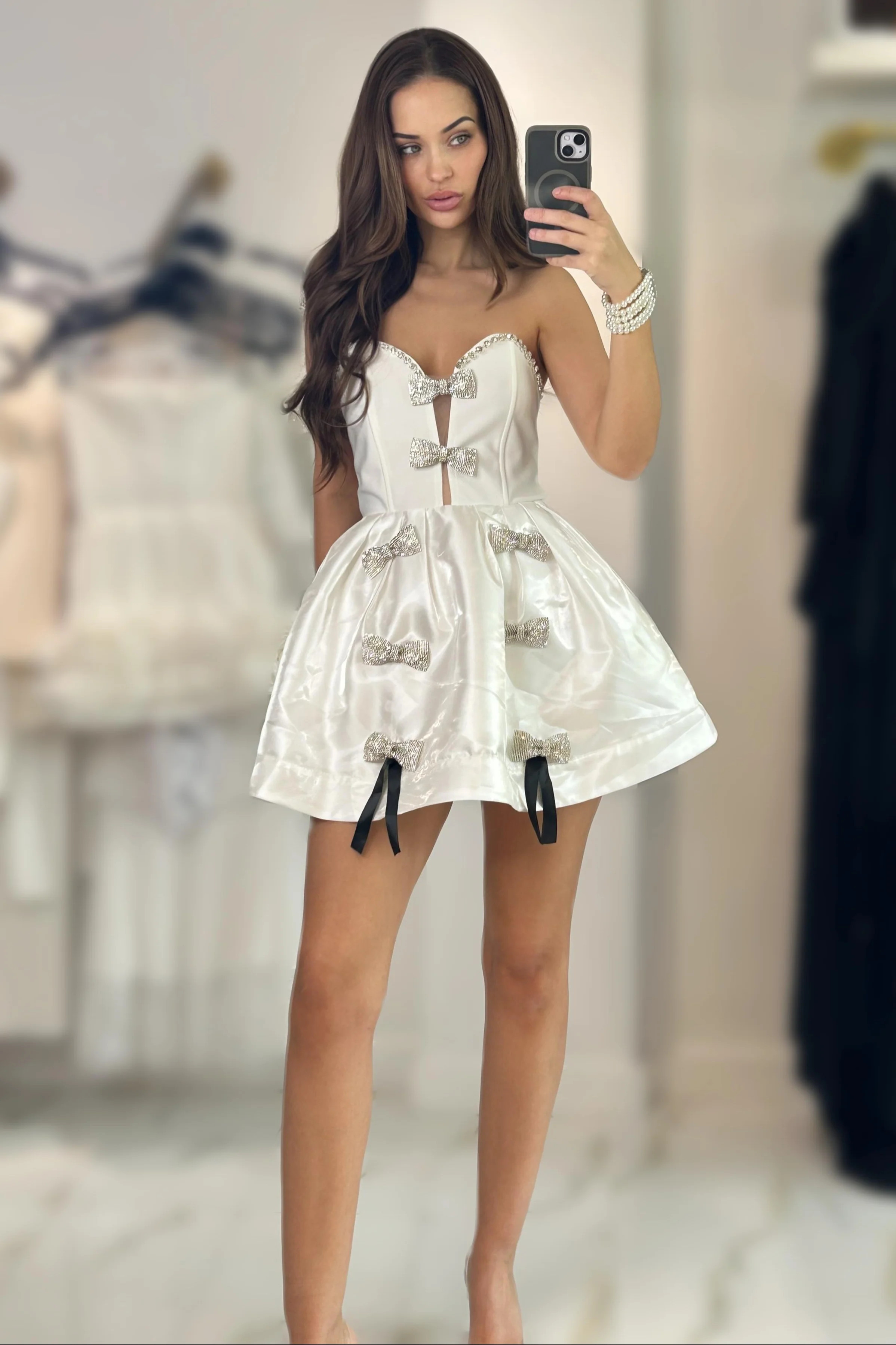 Jessica Bara Manika Strapless Crystal Bow Mini Dress Medium / White | JESSICA BARA