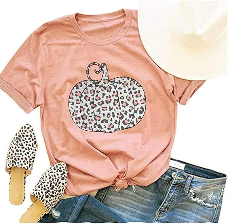 Woffccrd Womens Funny Leopard Pumpkin Printed Shirts Halloween Short Sleeve Graphic Tees Fall T-Shir | Amazon (US)