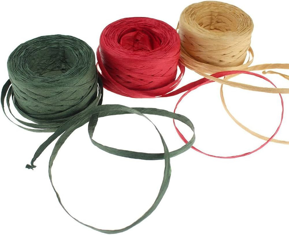 CREATRILL 3 Rolls Red Green Kraft 1/4" by 492 Feet Raffia Ribbon/String, 164 Feet Each Roll, Pack... | Amazon (US)