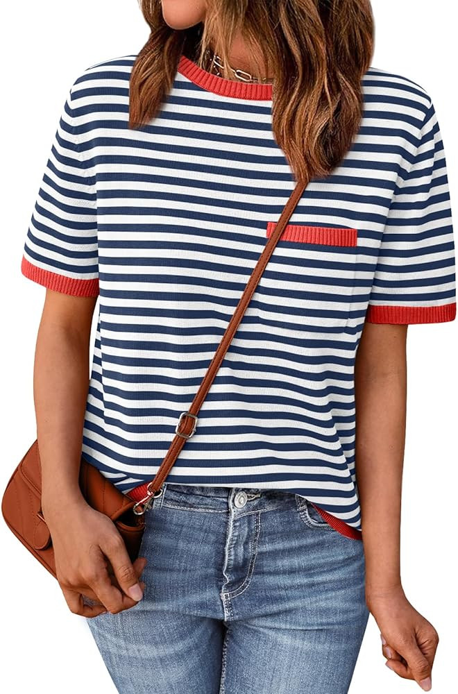 LILLUSORY Womens Striped Short Sleeve Sweater Pullover Shirts with Chest Pocket | Amazon (US)