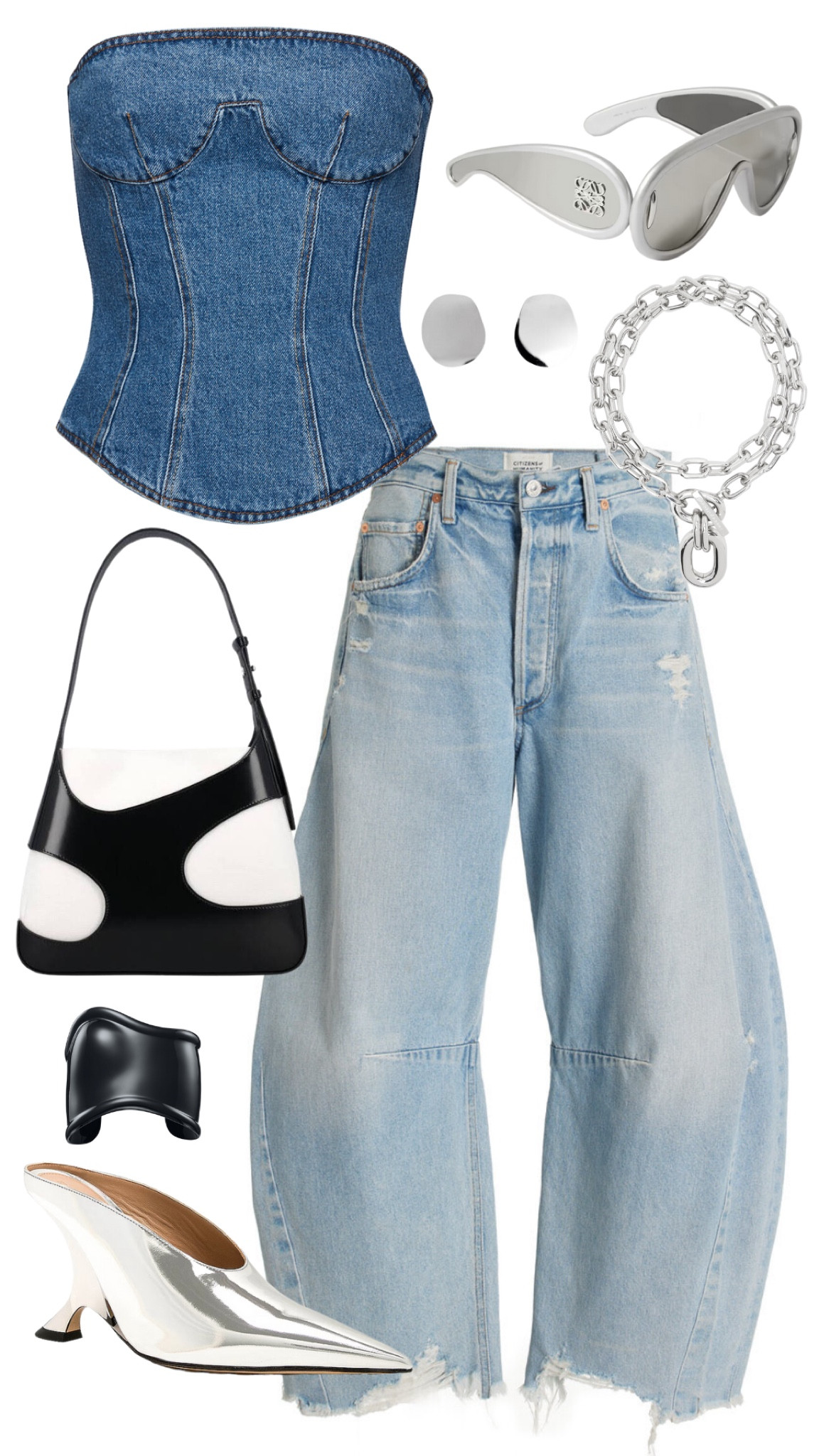 magda butrym top 
citizens of humanity jeans 
bottega veneta mules 
ferragamo bag 
loewe sunglasses 
tiffany & co elsa peretti bone cuff 
paco rabanne necklace 
zara earrings 

#LTKFind #LTKstyletip #LTKSeasonal