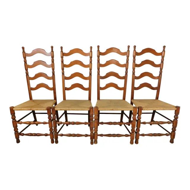 Antique Solid Wood Ladderback Rush Seat Dining Side Chairs- Set of 4 | Chairish