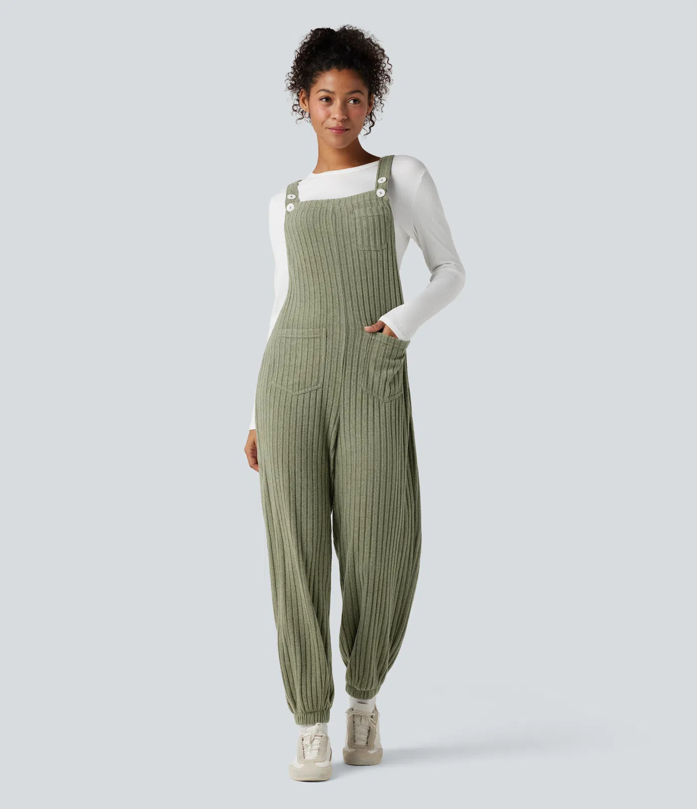 Women’s Ribbed Knit Adjustable Straps Casual Joggers Overalls with Pockets - Halara | HALARA