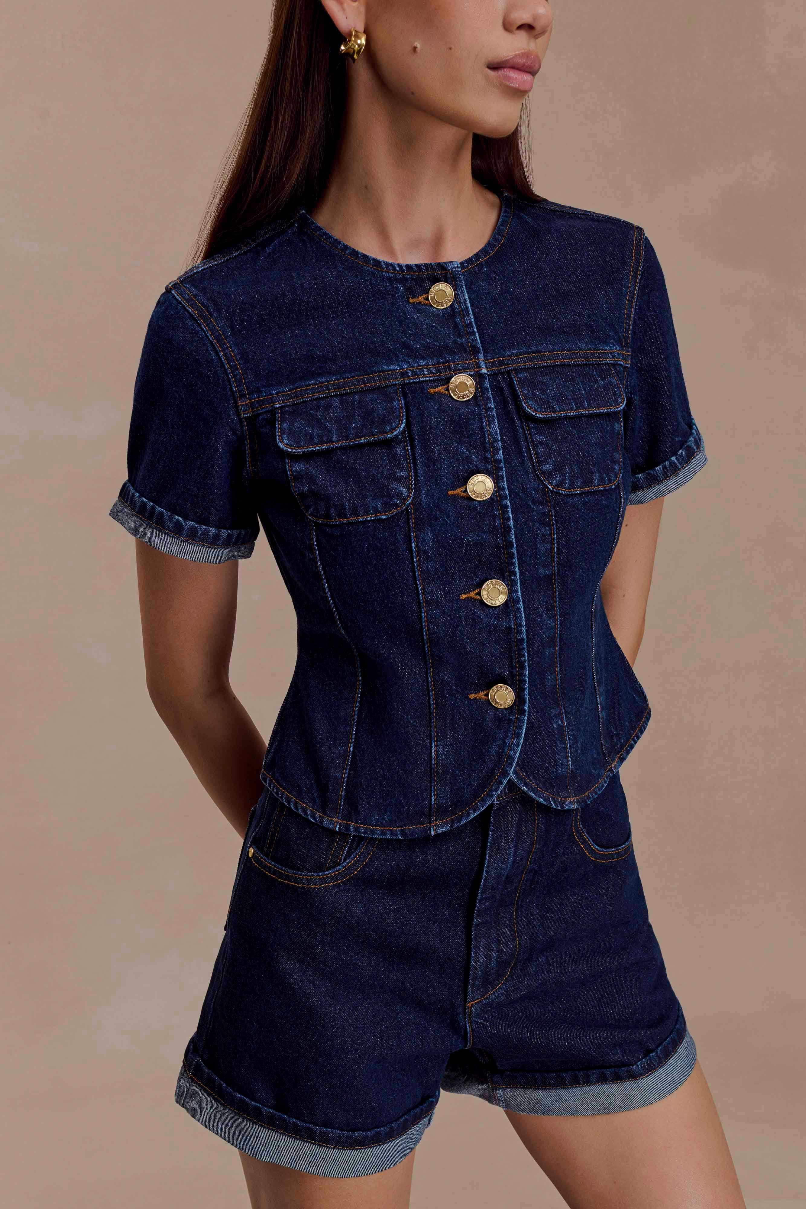 Marge Fitted Denim Short Sleeve Top - Indigo Blue | MESHKI US