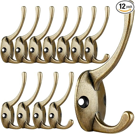 IBosins 12 Pack Antique Brass Coat Hooks Wall Mounted with 24 Screws Retro Double Hooks Utility A... | Amazon (US)