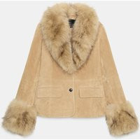 Zara - Tailored 100% Suede Leather Blazer With Faux Fur - Halloween Collection - Sand - Women | Zara US