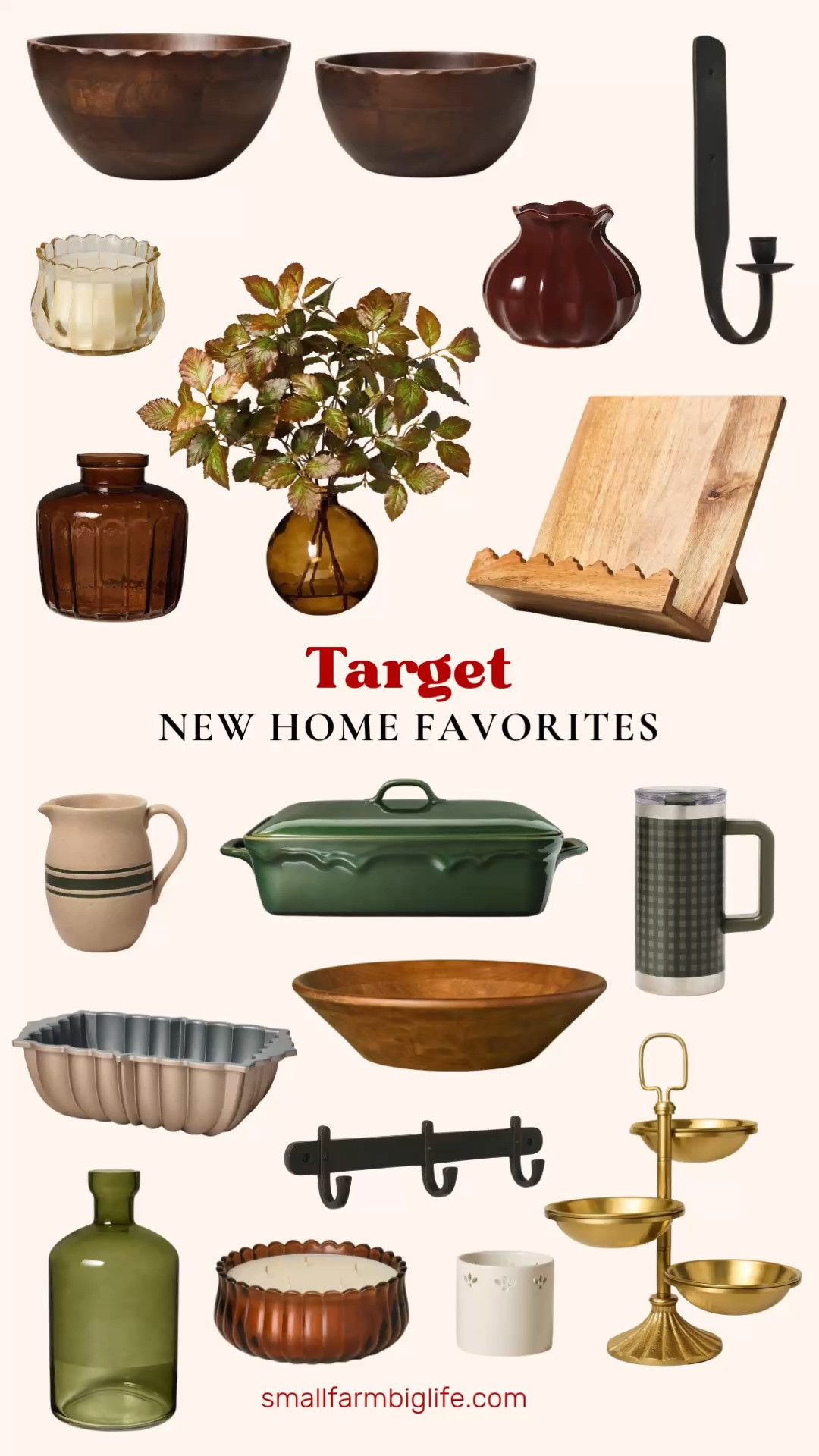More new Target home favorites are here and they are the perfect mix of cozy and elevated for fall. My LTK has all of these linked and ready to shop.
For the kitchen, I am loving the wooden cookbook holder, the green gingham stainless steel insulated tumbler, the green mini stoneware syrup pitcher, the green stoneware rectangle bakeware, and the toffee cast loaf pan for fall baking. The carved edge wood bowls in both sizes and the 12 inch carved wood bowl are such a beautiful natural touch for the table.
For decor, the brass tiered snack serving bowls, the forged metal cast taper sconce, and the forged metal cast wall hooks add such a warm, elevated feel. I am loving the green glass vase, the amber glass faceted vase, the turning leaf in amber glass arrangement, and the burgundy pleated ceramic bud vase for easy fall styling. And of course the candles are a must this season, the smoked apple cider jar candle, the salted honey jar candle, and the cozy cardamom jar candle all smell like fall in the best way.
Shop all of my new Target home favorites linked in this post to get your home ready for the season. 

 #LTKHome