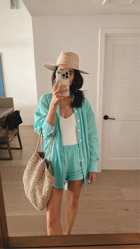 I’m just shy of 5’7 wearing the size S top and XS shirts. My swimsuit is one size fits most s 
Turquoise set, warm vacation outfit, coverup, swimwear, accessories, StylinByAylin 

#LTKswim #LTKtravel #LTKunder100