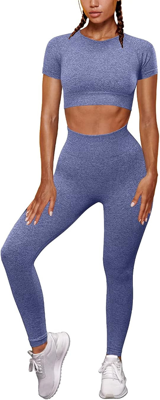 OYS Womens Yoga 2 Pieces Workout Outfits Seamless High Waist Leggings Sports Crop Top Running Clo... | Amazon (US)