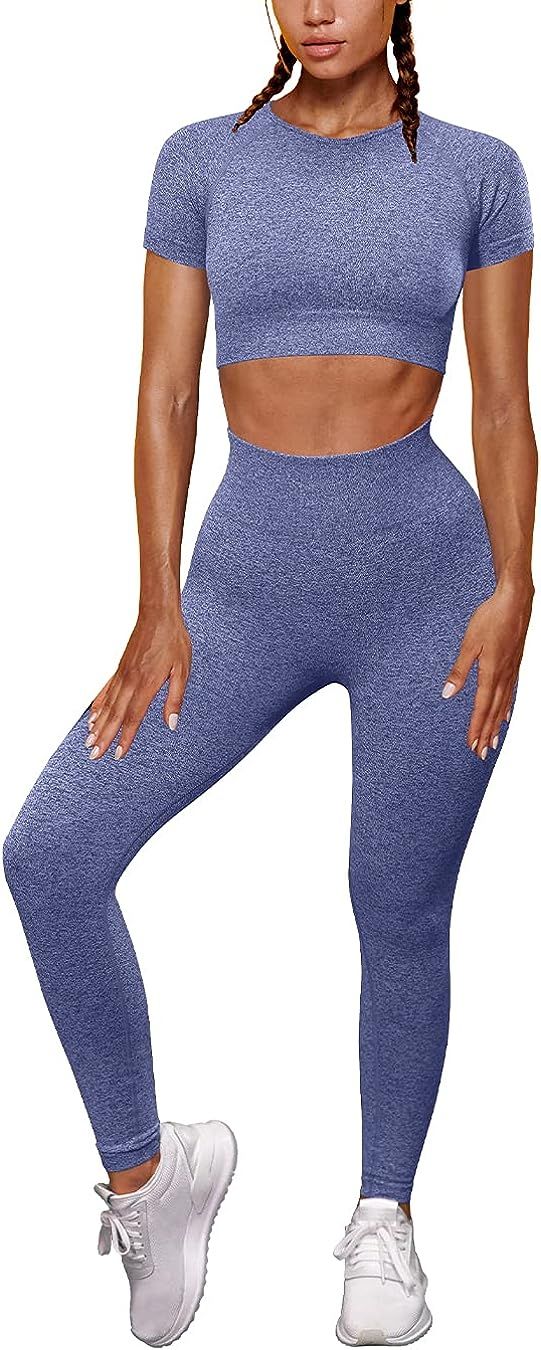 OYS Womens Yoga 2 Pieces Workout Outfits Seamless High Waist Leggings Sports Crop Top Running Clo... | Amazon (US)