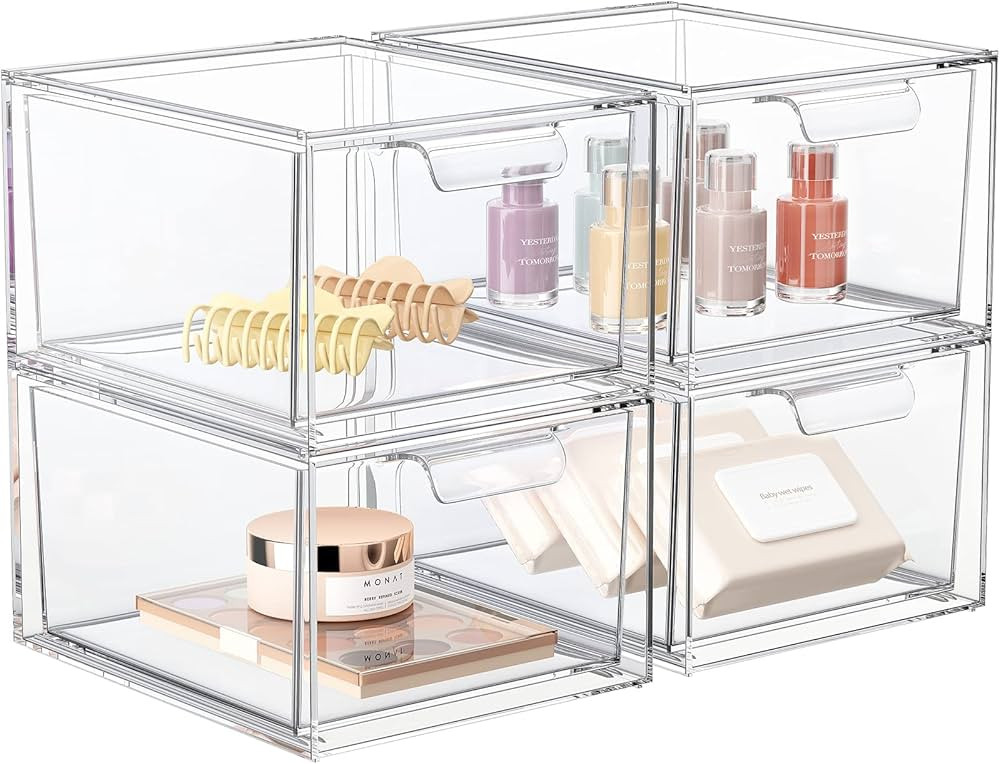 4 Pack Stackable Makeup Organizer and Storage, Acrylic Organizers，Clear Plastic Storage Drawer ... | Amazon (US)